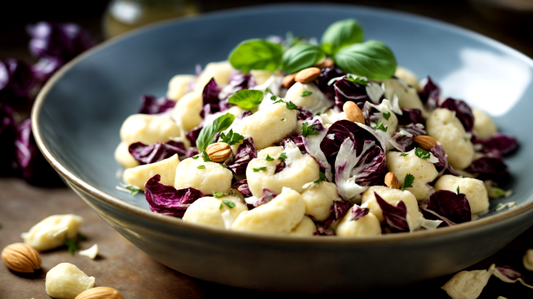 Gnocchi di ricotta radicchio mandorle"