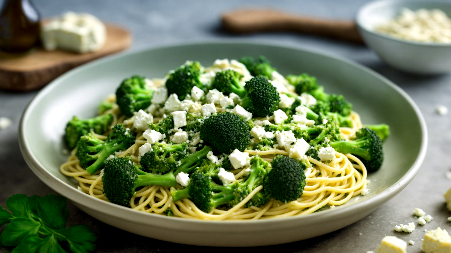 Spaghetti feta broccoli"