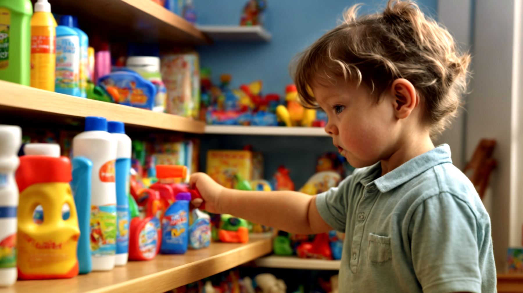 giocattoli sparsi prodotti pulizia sicuri bambino ambiente sano"